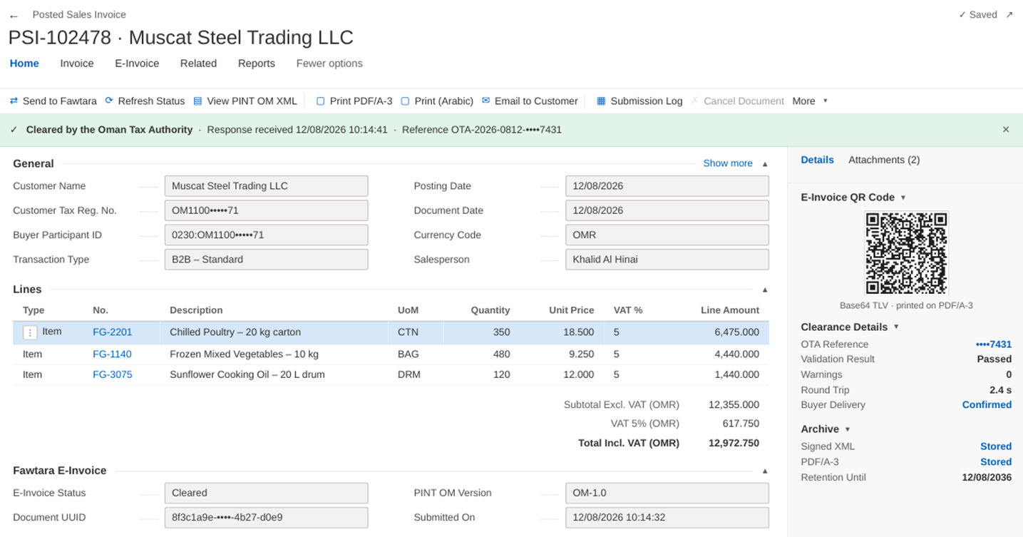 Posted sales invoice in Business Central showing Oman Fawtara status, clearance reference and QR code