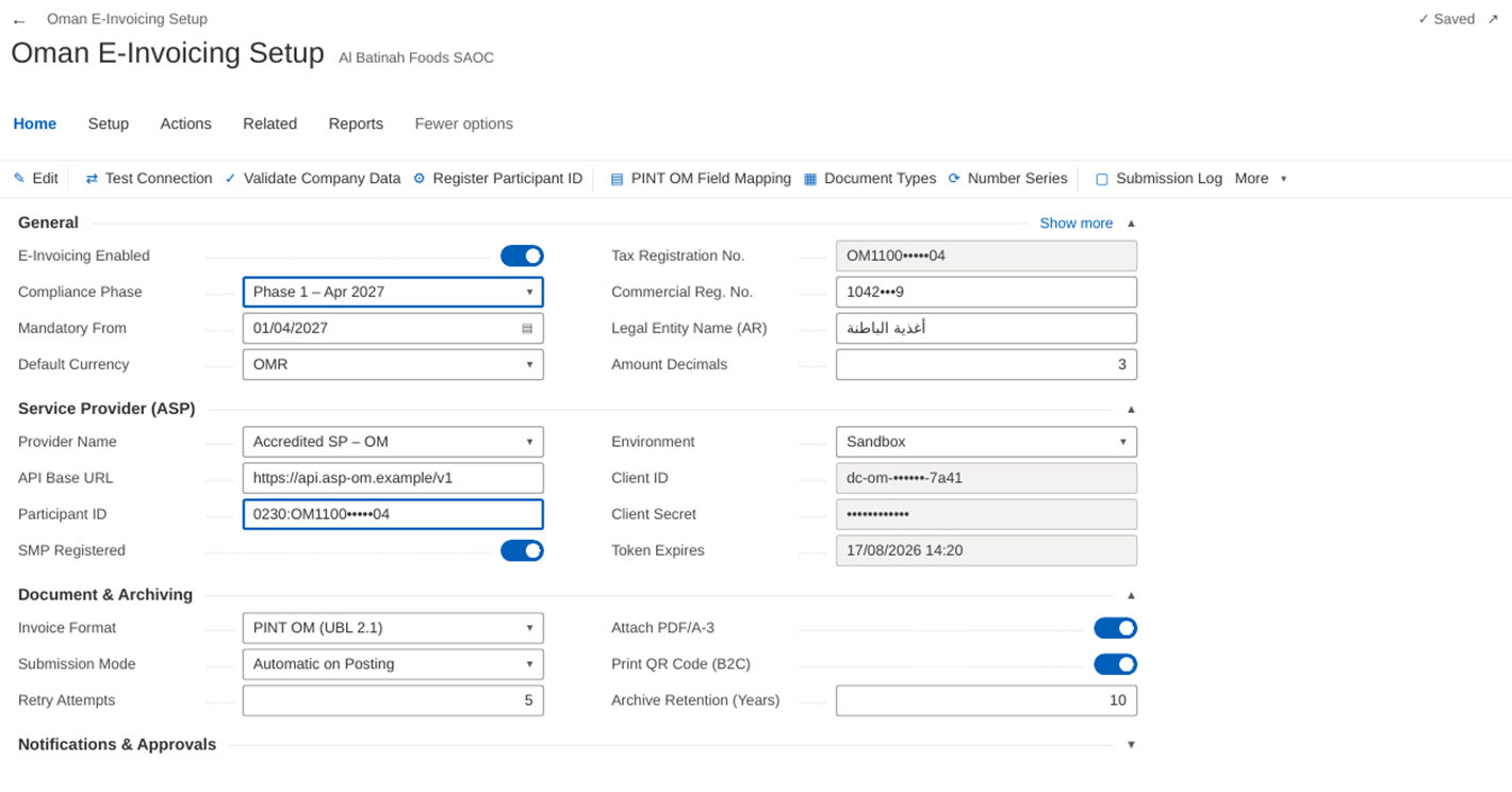 Oman E-Invoicing Setup page in Business Central with service provider and PINT OM settings