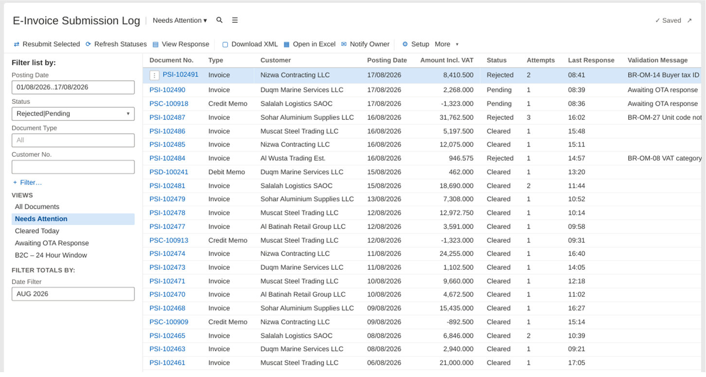E-invoice submission log in Business Central showing document status and validation messages